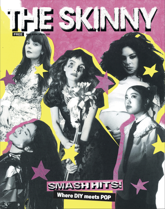 The cover of the May 2024 edition of The Skinny. A pink and yellow collage with black and white photographs of Charli XCX, mui zyu, Lovefoxx, Stina Tweeddale and Lauren Mayberry.