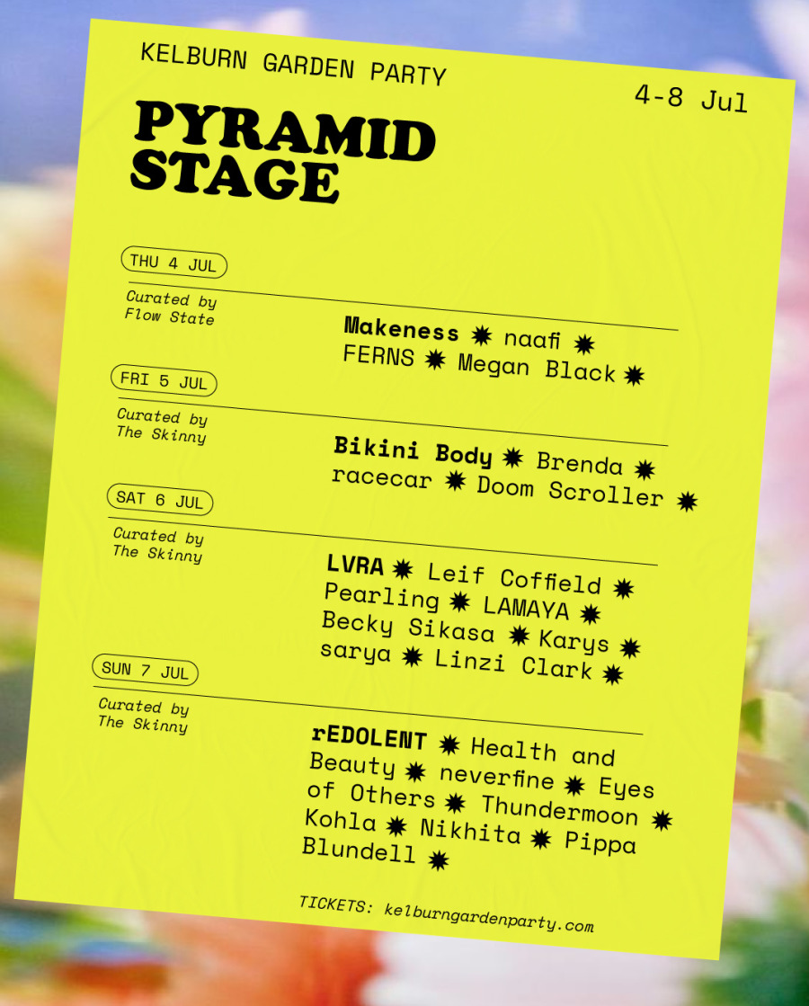 Poster with details of the Pyramid Stage line-up at Kelburn Garden Party.