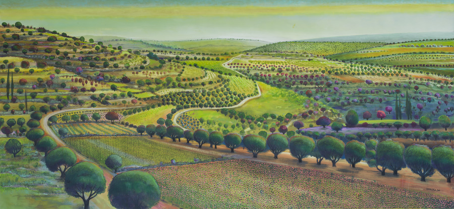 A painting of rolling green hills dotted with tall, round trees.