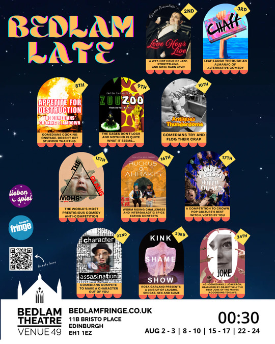 Poster for the Bedlam Late fringe programme.