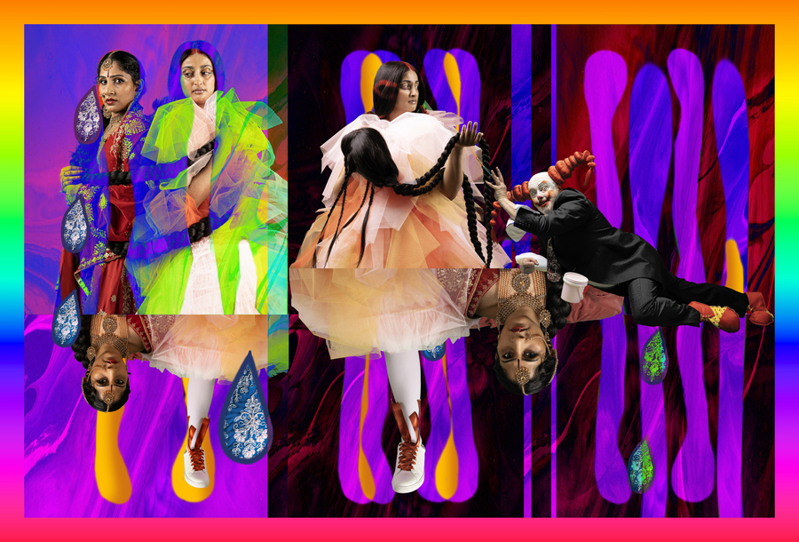 Collage artwork showing four south Asian women in colourful dresses and a clown in a suit, against a multicoloured gradient background.