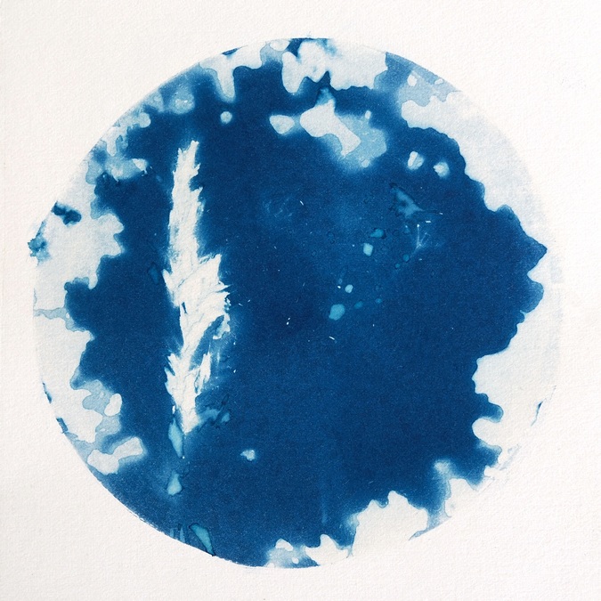 Abstract cyanotype artwork in blue and white.