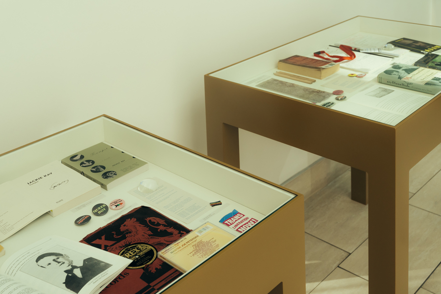 A photograph of two glass display cases filled with items from the Trans Masc Studies exhibition.
