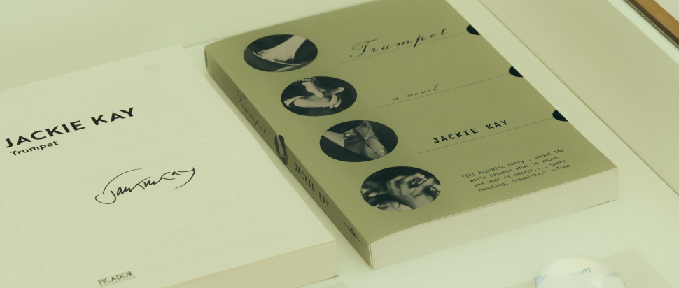 Photograph of a signed copy of Trumpet by Jackie Kay.