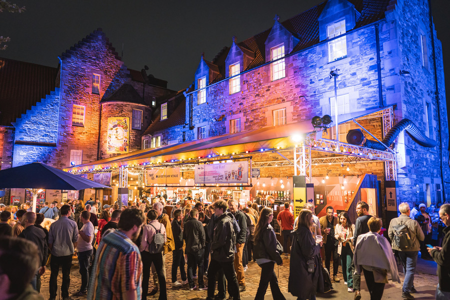 Nighttime photo of the Pleasance Courtyard.