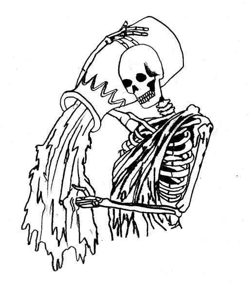 A black and white drawing of a skeleton pouring a large vase of unidentified liquid.