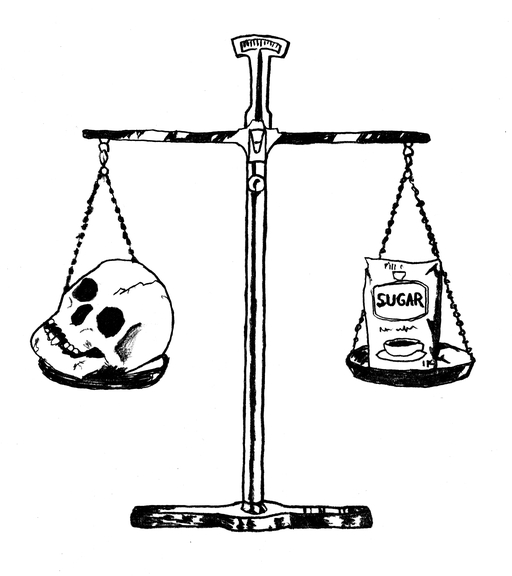 A black and white drawing of a set of scales with a bag of sugar on one side and a human skull on the other.