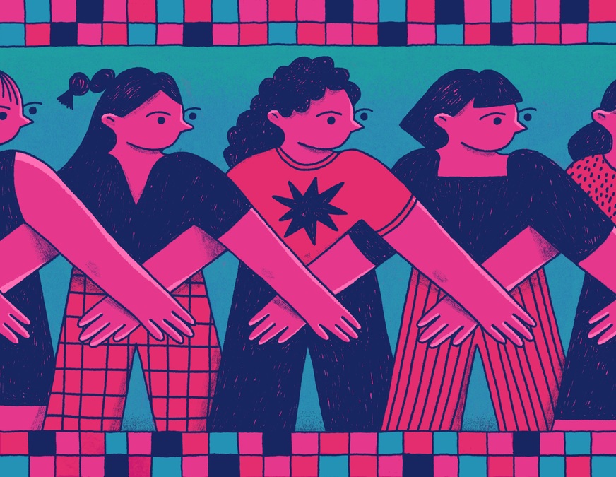 Blue, pink and purple illustration of female figures in a row.