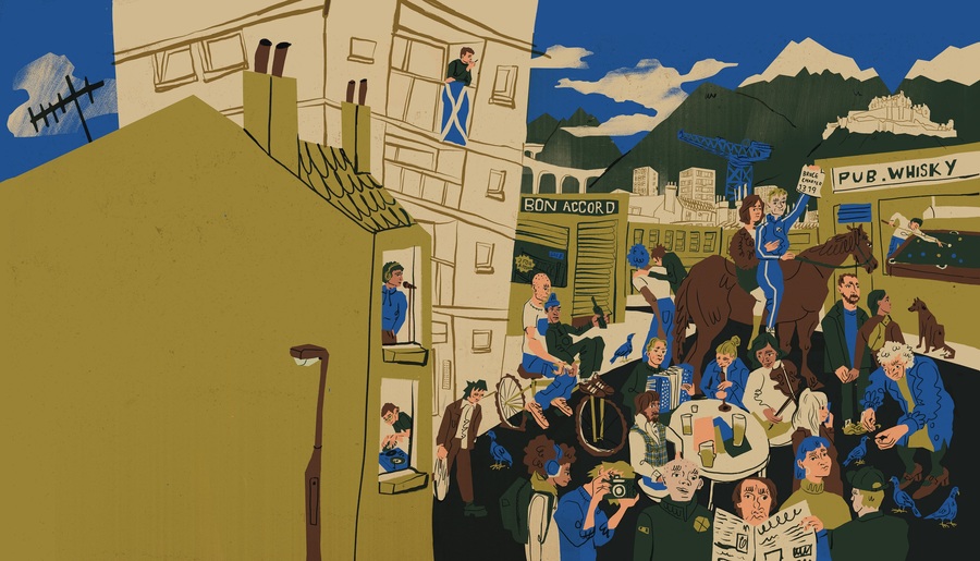 An illustration depicting a scene of a large group of figures in blue shirts talking, drinking, taking photographs and reading in the street outside a large tenement building.