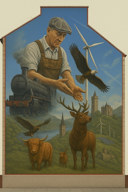 An illustration of a man in a brown apron, arms outstretched, in front of a three-bladed wind turbine. An American Eagle, two cows, a stag and several stone buildings are also visible. A steam train obscured the bottom half of the man's body, but also fades into nothingness next to the turbine.