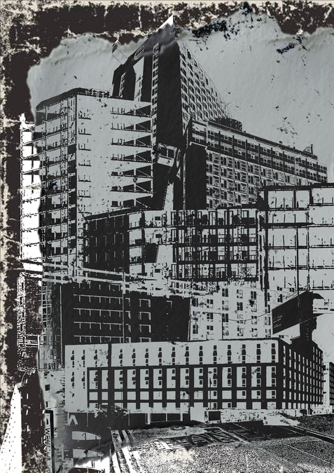Black and white illustration of overlapping and interlocking tower blocks and large buildings.