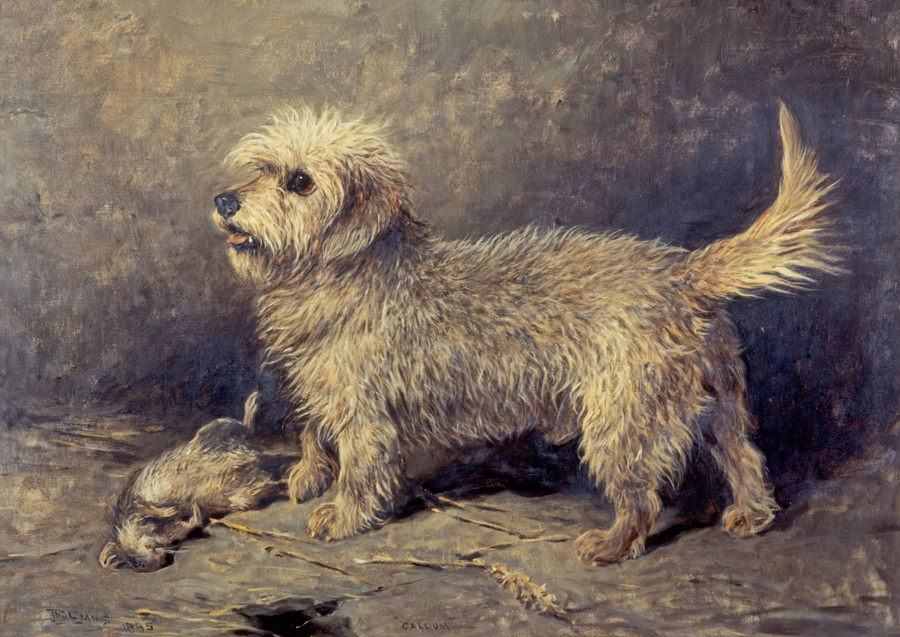 An oil painting of a small white dog standing on a tiled floor.