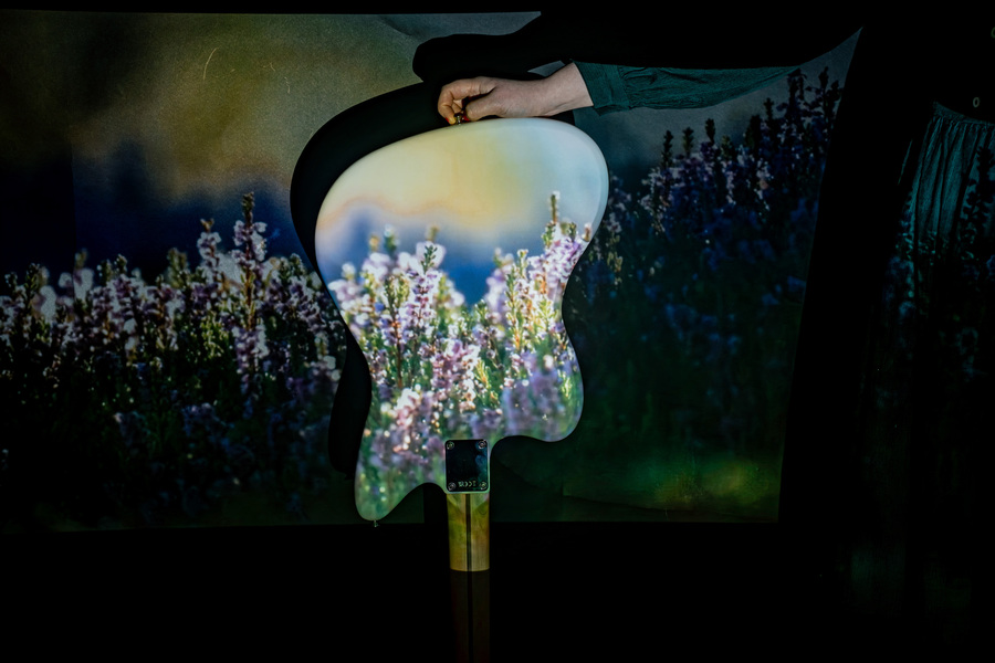 Photograph of an upside-down electric guitar with flowers projected onto it.