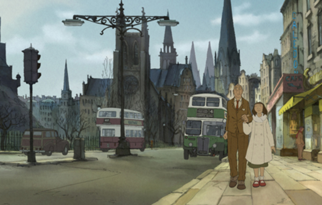 A still from The Illusionist; a man and girl walk down Princes Street in Edinburgh as buses pass.